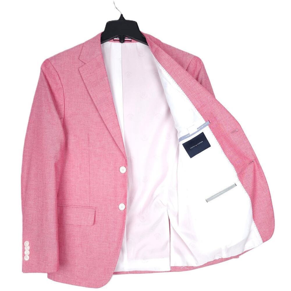Tommy Hilfiger Mens Modern Fit Sport Coat Blazer 36S Red Solid Stretch Chambray - Picture 2 of 9